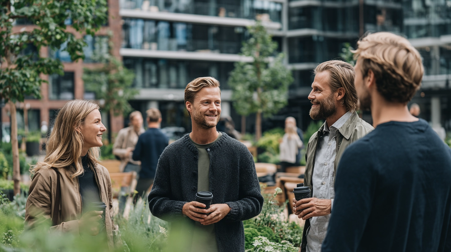 Ammattilaiset keskustelevat modernin toimistorakennuksen edessä vihreässä ympäristössä.